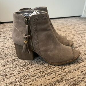 Qupid Taupe Suede Peep-Toe Ankle Boots with Tassel Zip